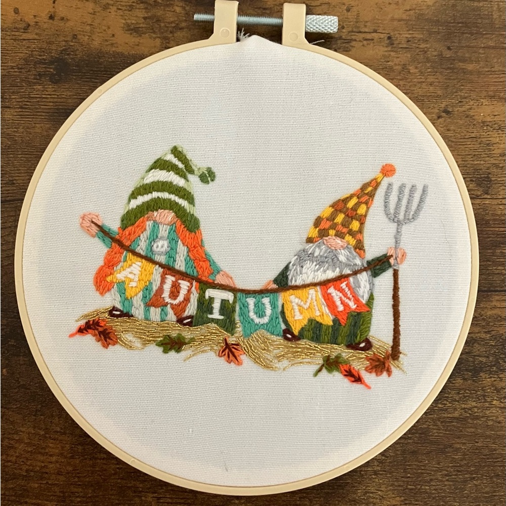 Handmade Embroidered Autumn Gnomes, Embroidery Hoop Art, Fall Wall Art, Decor